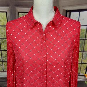 ELLE HEART PATTERN PLEATED SLEEVE BUTTON UP BLOUSE (S)